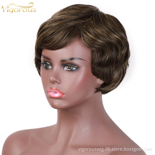 Vigorous Wholesale Cheap Pixie Cut Wigs for Black Women Short Synthetic Hair Heat Resistant Side Part Wig Highlight Natural Wave